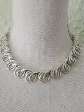 Vintage Signed Coro Necklace Art Deco Circles Textured Shiny Silver Tone 16"